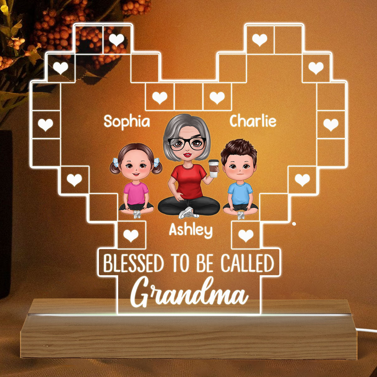 Grandma Heart Blessed Personalized Heart Acrylic LED Night Light