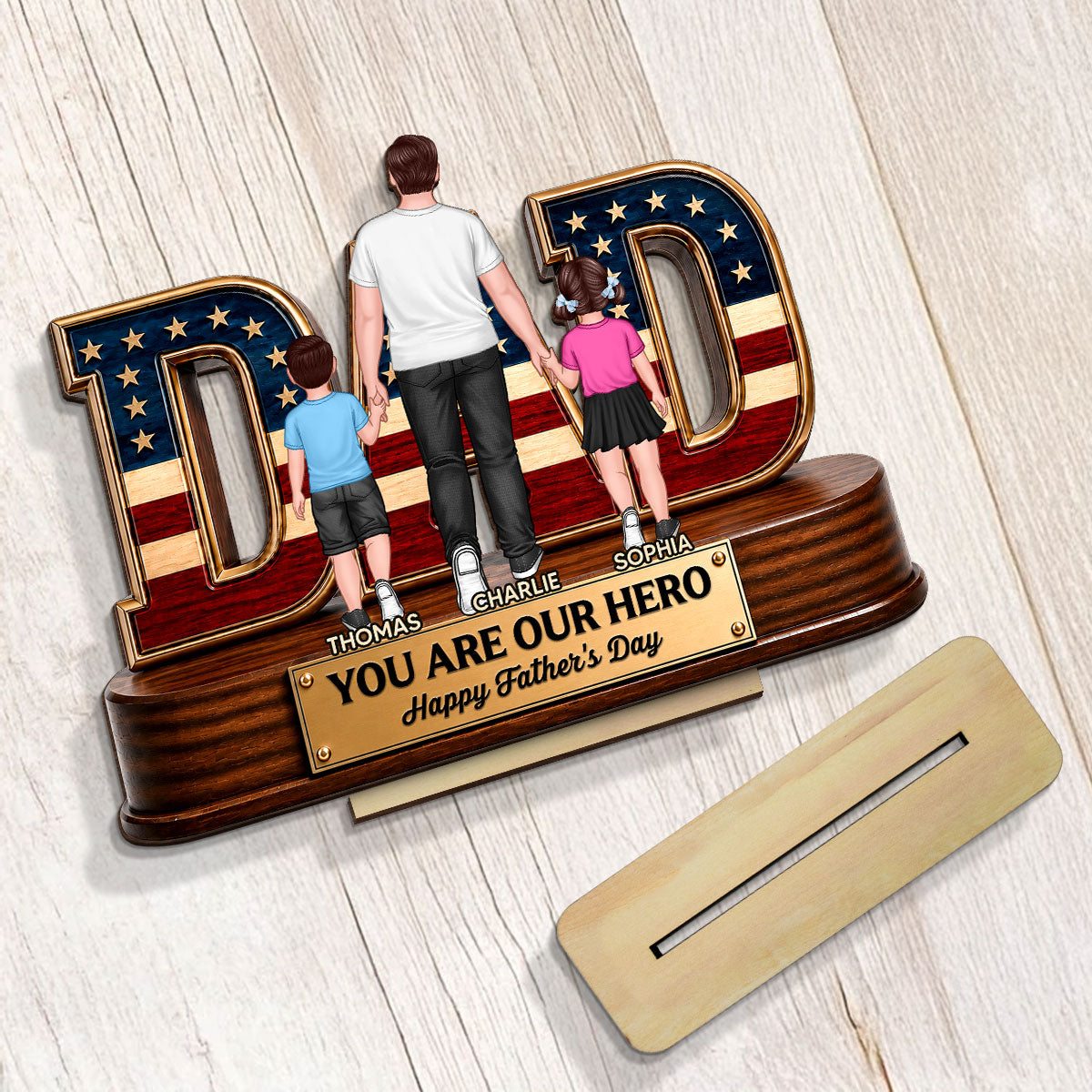 Nation Flag Dad And Kids You Are Our Hero - Personalized 2-Layered Wooden Plaque - Father's Day Gift For Dad, Husband