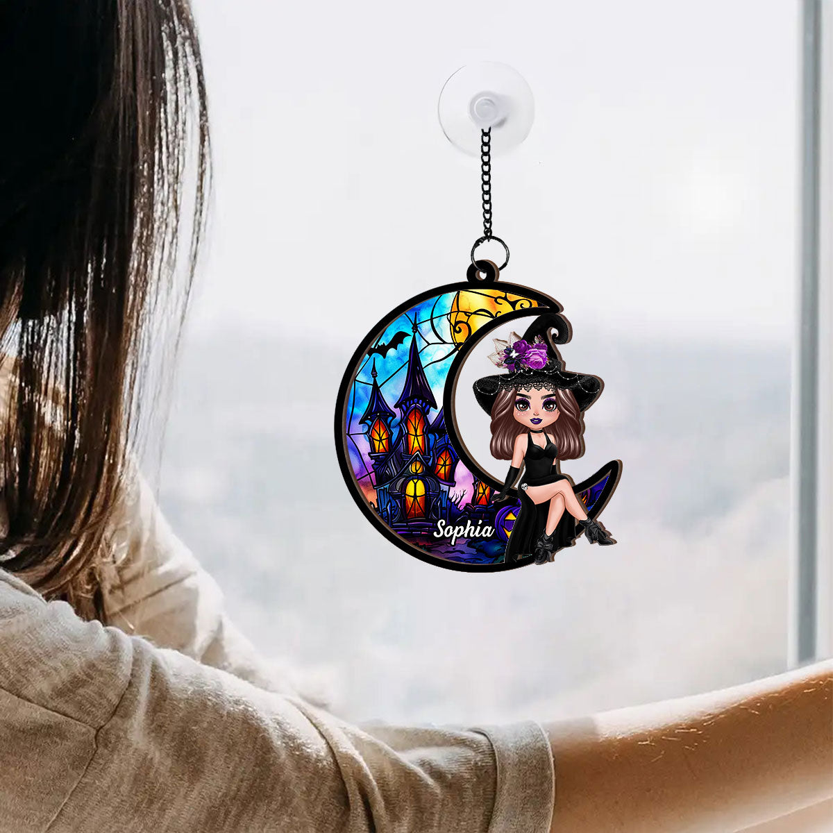 Halloween Witch Sitting On Moon Personalized Suncatcher, Halloween Decoration