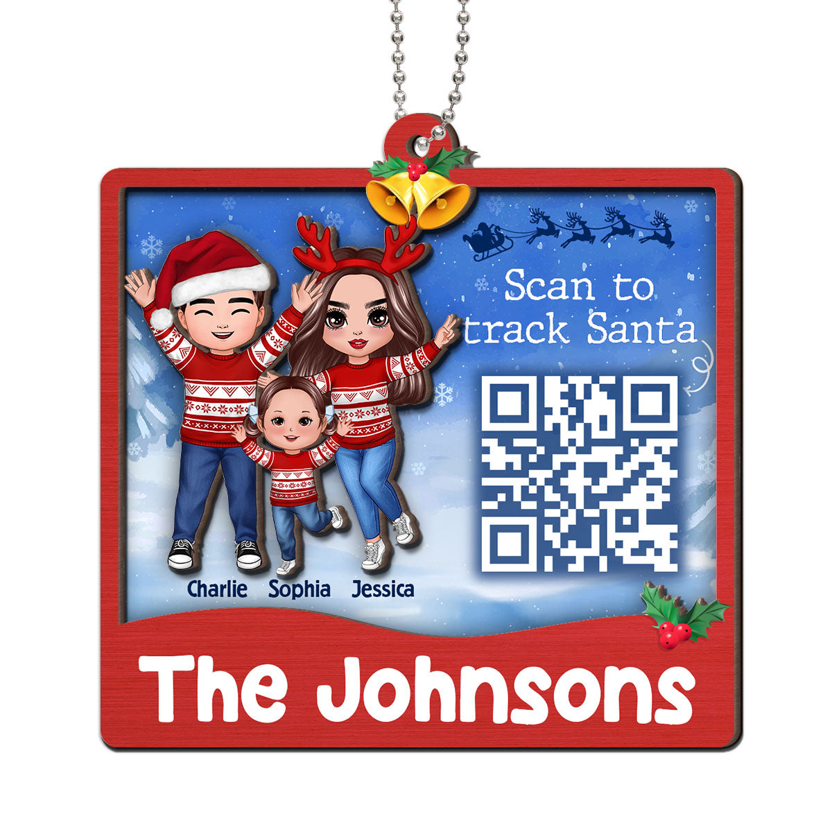 Happy Family Santa Tracker QR Code Personalized 2-Layer Wooden Ornament