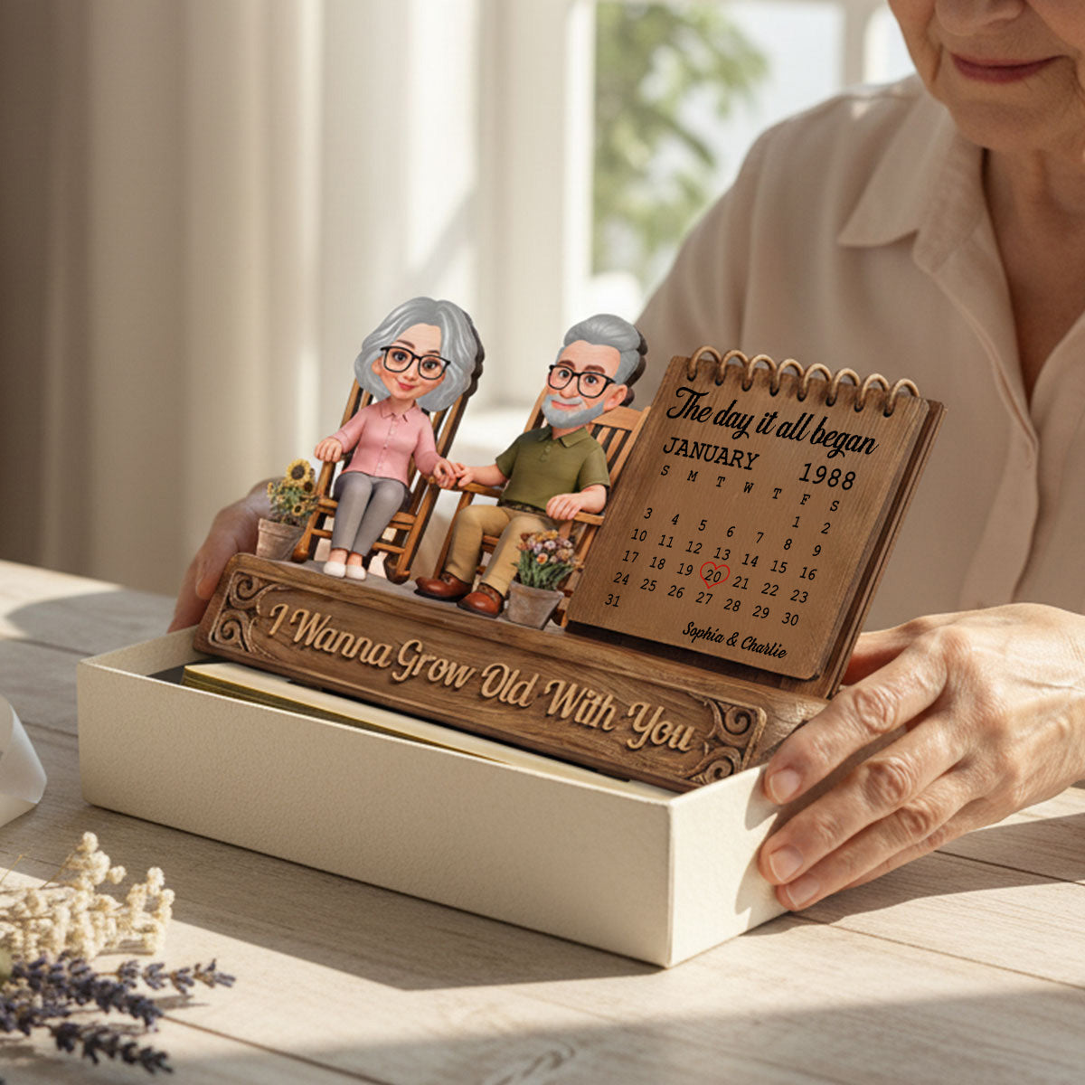 3D Effect Old Couple Sitting On Rocking Chair Anniversary Date Calendar - Personalized 2-Layered Wooden Plaque