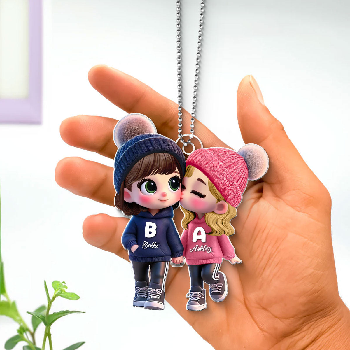 Personalized 3D Cartoon Lesbian Couple Car Ornament – Cute Acrylic Gift for Pride Month