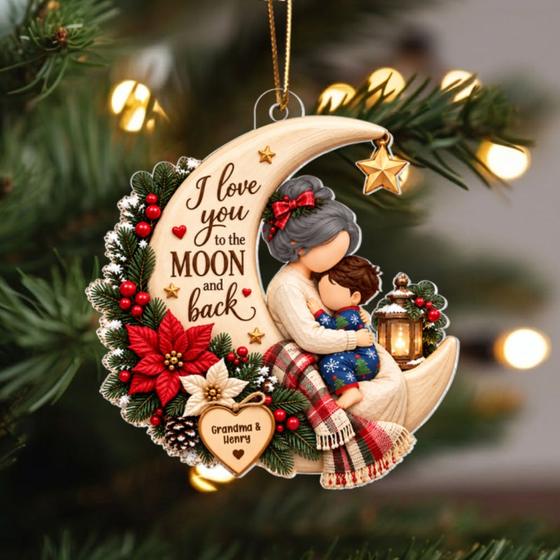 Grandma Loves Grandkid to the Moon and Back - Personalized Acrylic Ornament - Christmas Gift for Granddaughter, Grandson, Grandma