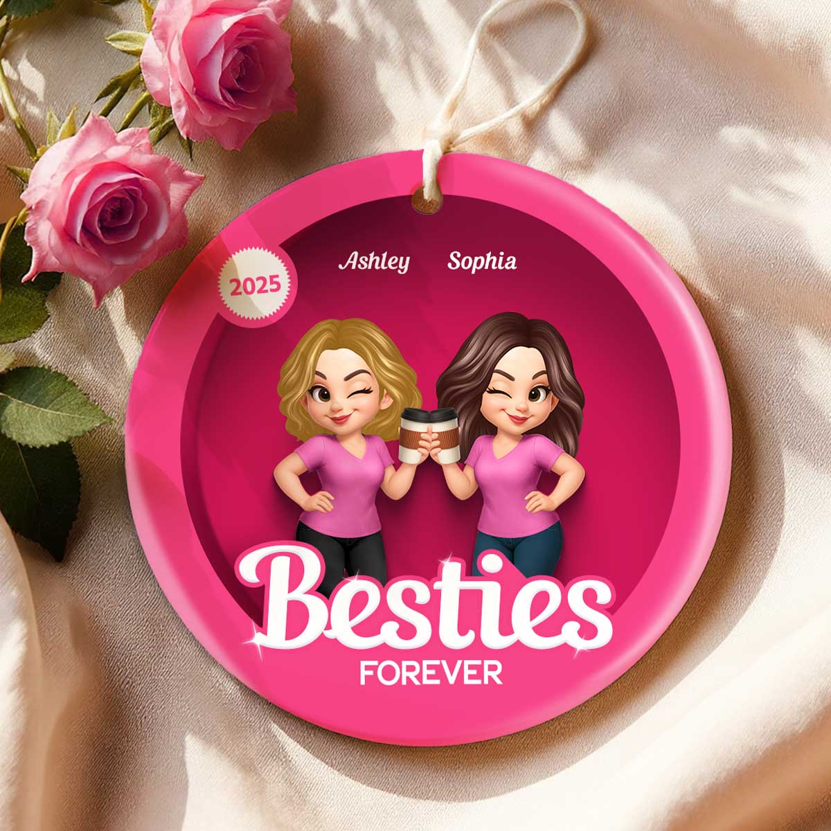 Besties Sisters 3D Effect Pink Toy Box Personalized Circle Ceramic Ornament, Gift for Besties, Best Friends