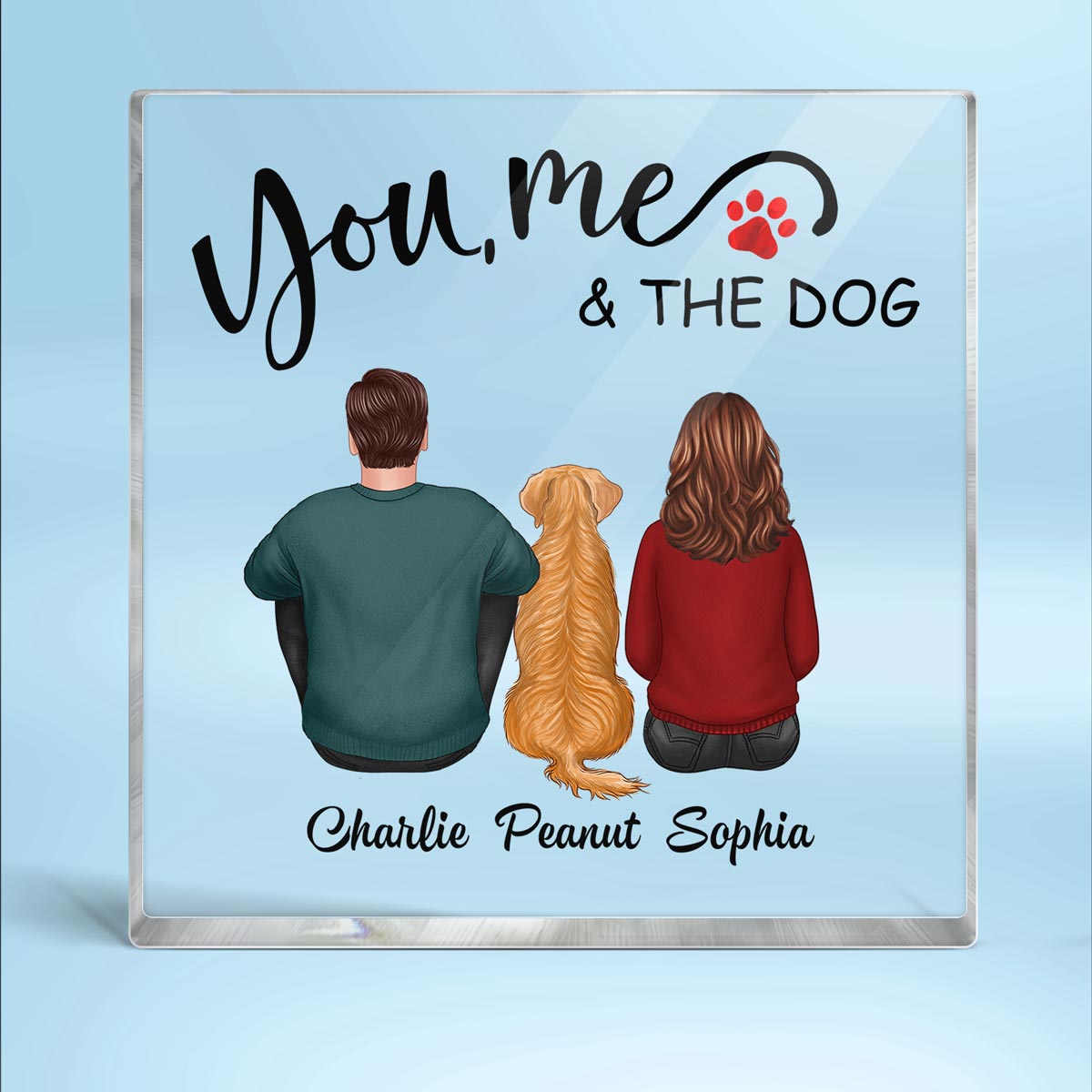 Back View Couple Sitting You Me And The Dogs Cats Personalized Acrylic Block Plaque