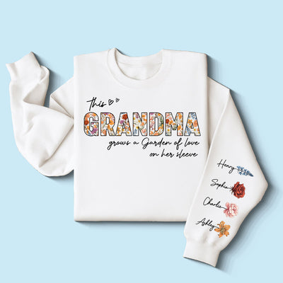 This Grandma Mom Grows A Garden Of Love On Her Sleeve Vintage Birth Flower Personalized Sleeve Printed Sweatshirt