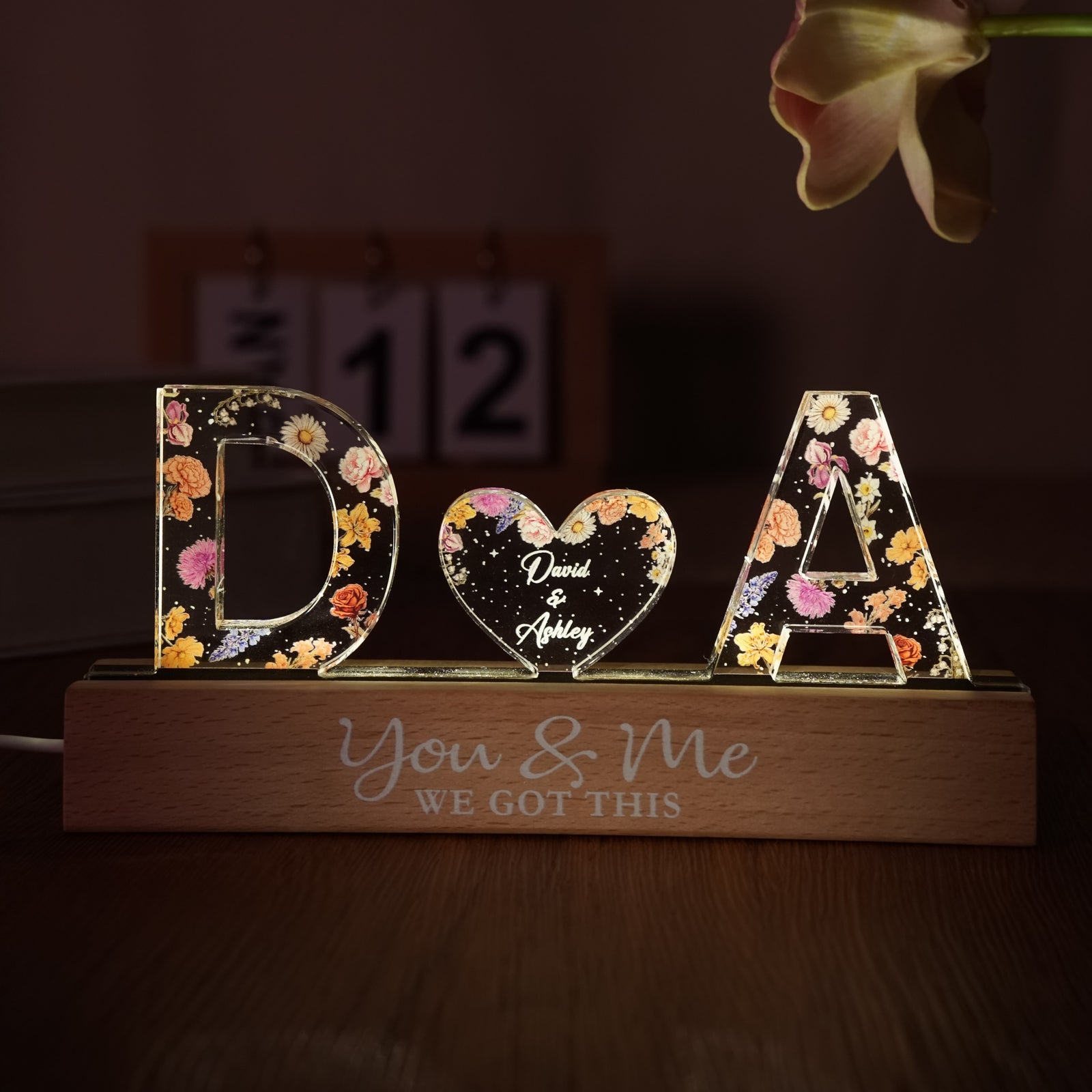 Couple Initials Floral Theme - Personalized Acrylic Block Plaque LED Night Light - Gift For Her, Gift For Him