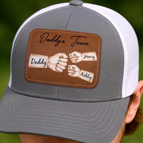 Daddy's Team Fist Bump Personalized Leather Patch Hat, Trucker Cap| Cool Father's Day Gift For Dad, Husband