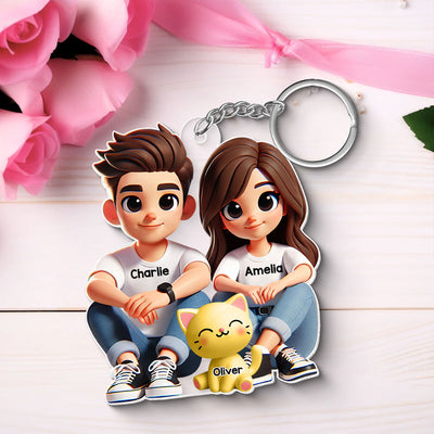 3D Effect Cute Couple And Dogs Cats Sitting Personalized Acrylic Keychain, Anniversary Gift,  gift