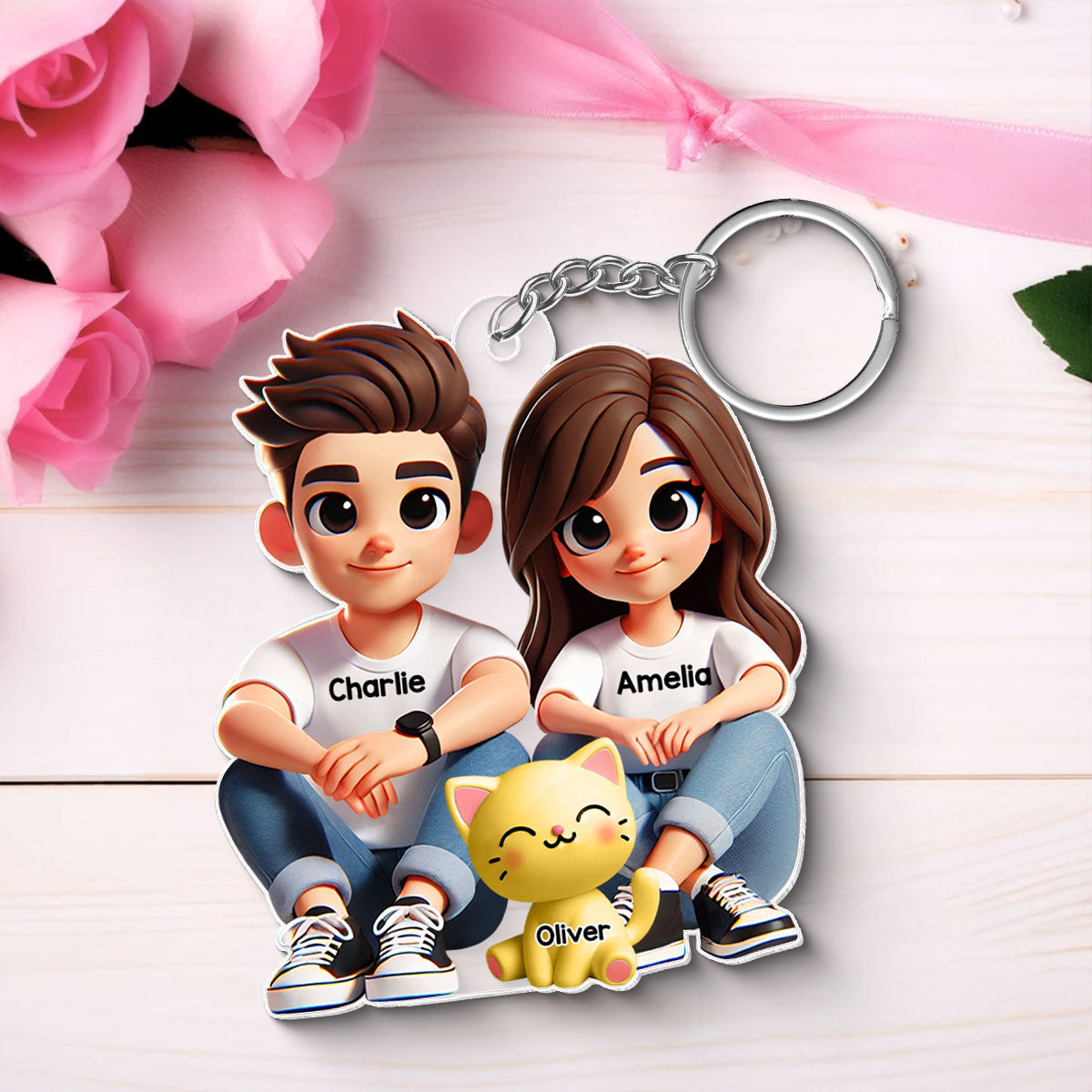 3D Effect Cute Couple And Dogs Cats Sitting Personalized Acrylic Keychain, Anniversary Gift, Gift - Discounts And Promo Codes At TrendingCustom™️ With Checkmate