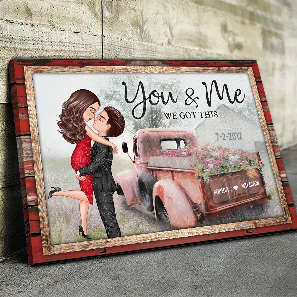 Red Vintage Truck Farmhouse Couple Hugging Kissing Personalized Canvas Print, Anniversary  Gift For Him, For Her