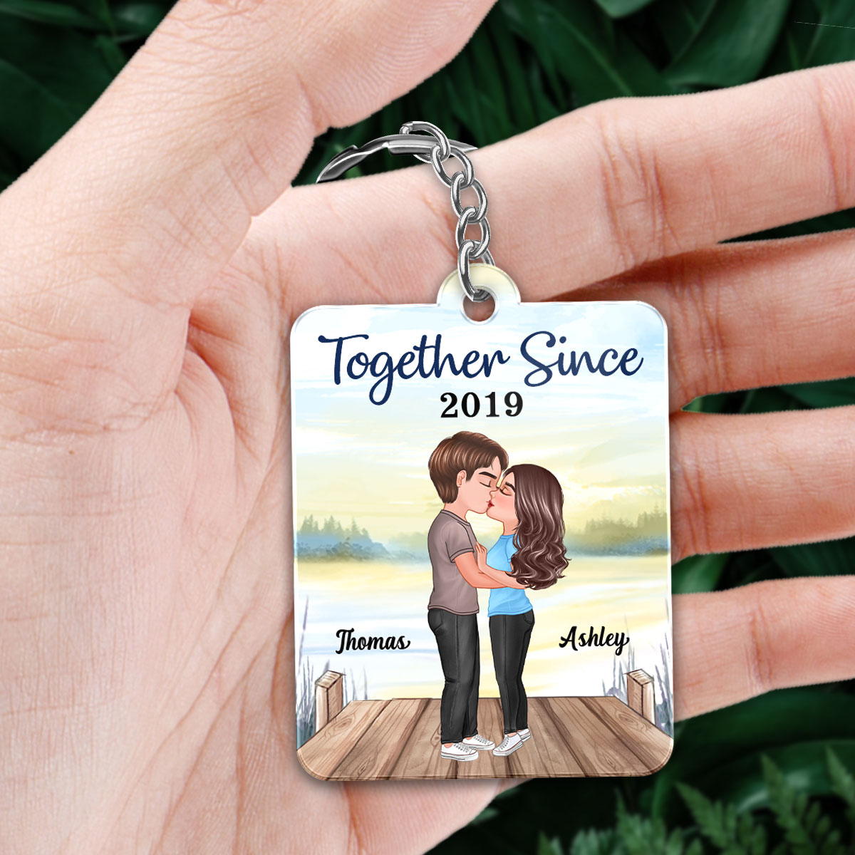 Doll Couple Kissing Lake Favorite Song Scannable QR Code Personalized Acrylic Keychain