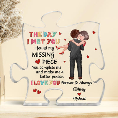 Colorful Pattern Embracing Hugging Couple Personalized Puzzle Acrylic Plaque