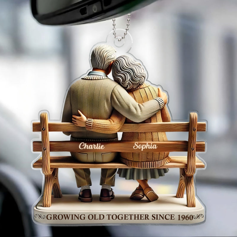3D Effect Old Couple Sitting On Bench Growing Old Together Since Personalized Car Hanger Ornament, Heartfelt Gift For Couple, For Him, For Her, Husband, Wife