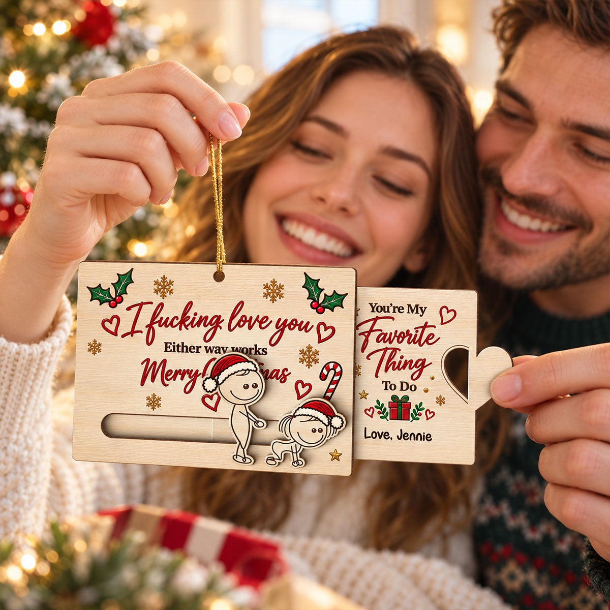 I Fcking Love You Funny Inappropriate Couple - Personalized Wooden Slider Ornament - Funny Christmas Gift For Him, For Her, For Husband, Wife
