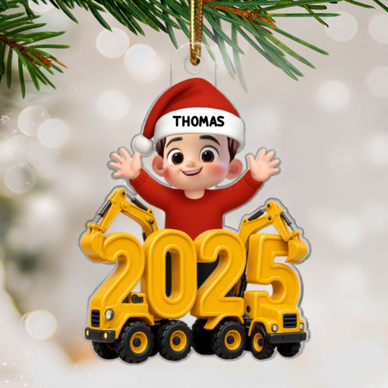 3D Effect Happy Kid With Excavator Numbers - Personalized Acrylic Ornament - Christmas Gift For Kids, Grandkids, Granddaughter, Grandson