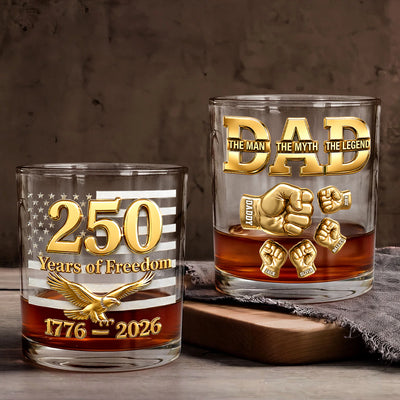 USA 250th Anniversary Daddy's Team Fist Bump - Personalized Whiskey Glass - Father's Day Gift for Dad, Husband