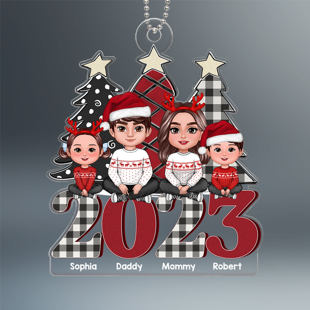 Family Sitting Crossed Legs On Buffalo Plaid Red 2023 Personalized Acrylic Ornament
