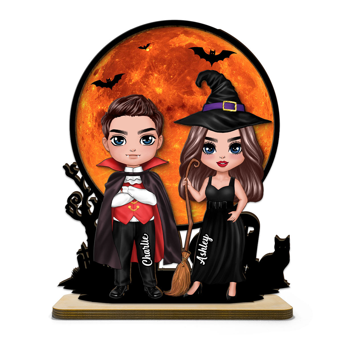 Couple Under Halloween Moon Tabletop Tier Tray Decor Personalized 2-Layer Standing Wooden Plaque