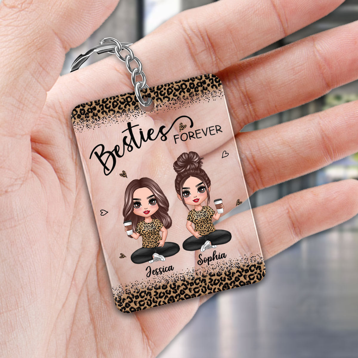 Leopard Doll Besties Sisters Sitting Personalized Acrylic Keychain