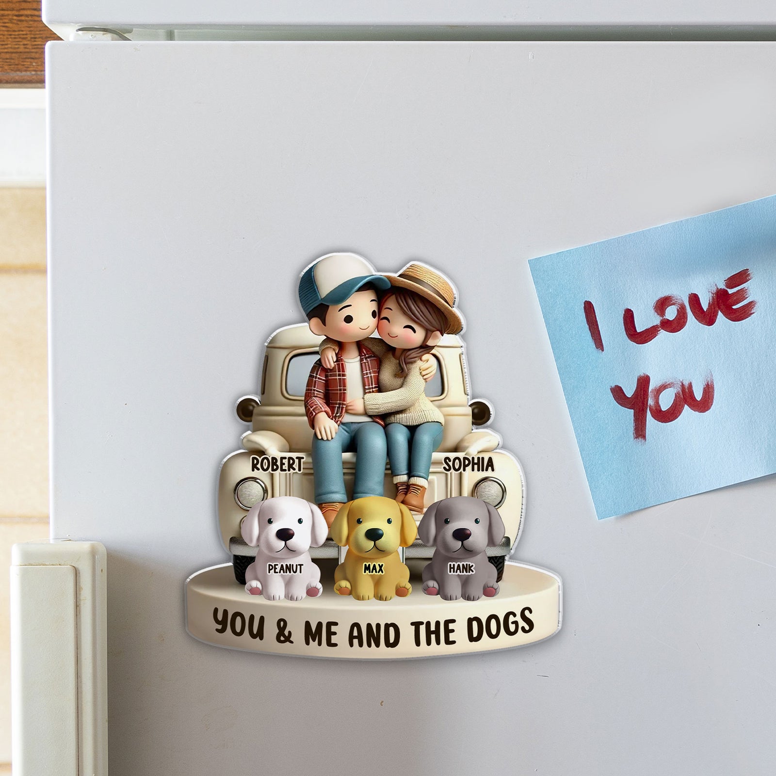 3D Effect Couple On Truck You Me And The Dog Cats Personalized Fridge Magnet, Heartfelt Gift For Couple, For Dog Lovers, Cat Lovers, Pet Lovers