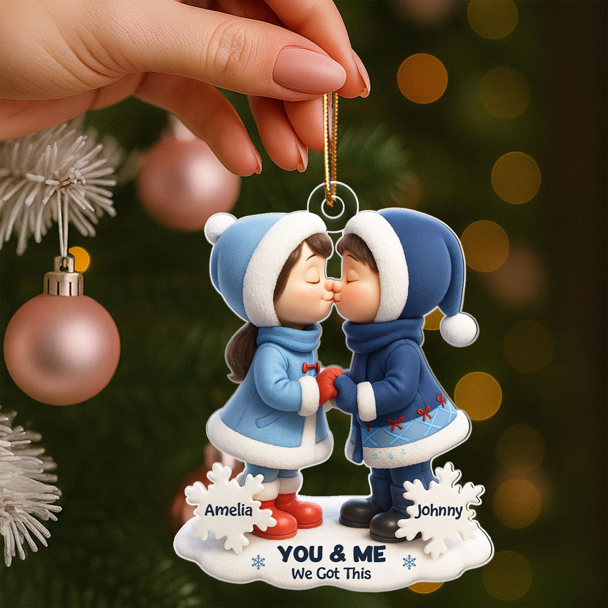 Cute Cartoon Couple Hugging Kissing Personalized Ornament, 3D Effect Acrylic Ornament, Christmas Gift for him, Gift for her