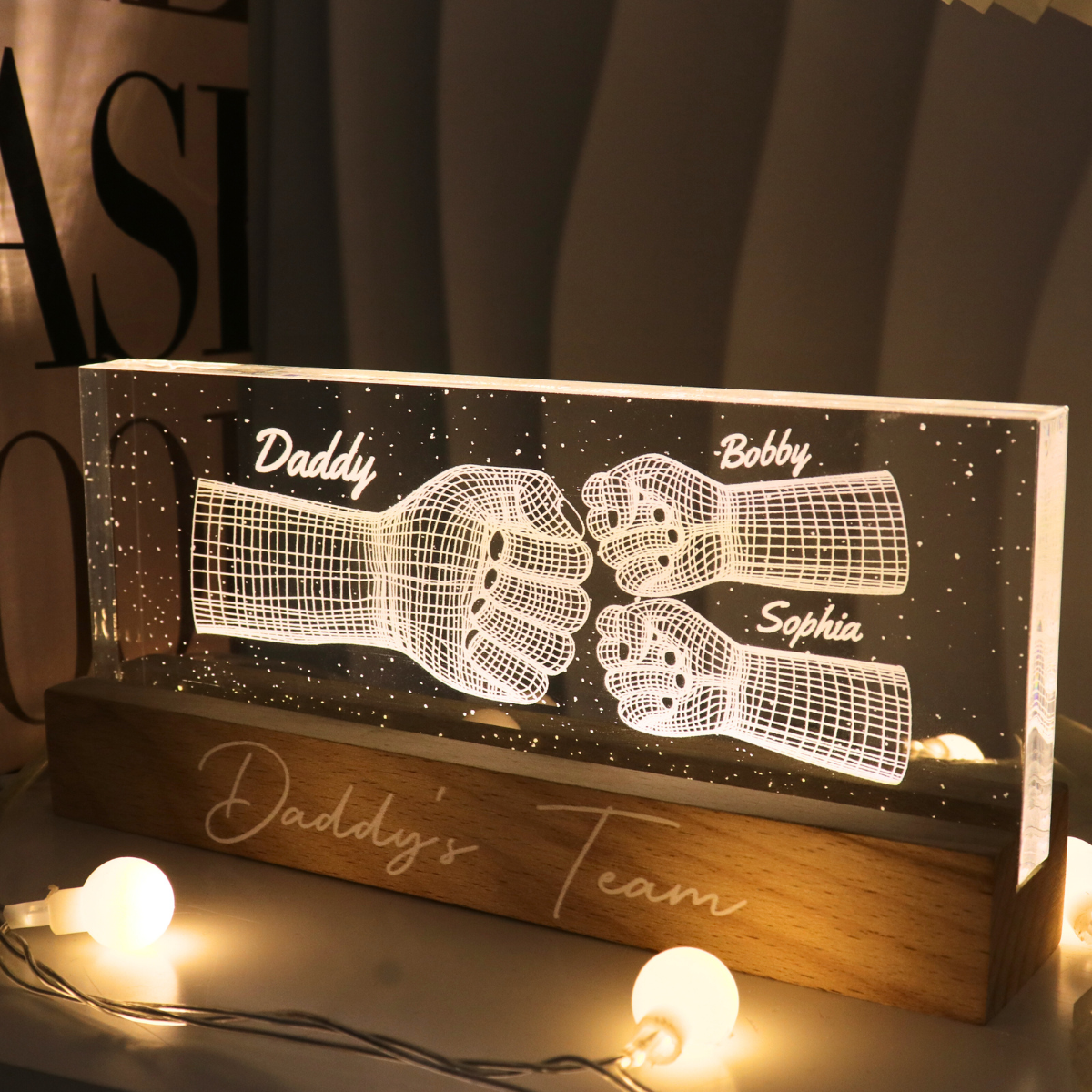 Daddy‘s Team Fist Bump 3D Illusion Personalized Acrylic Block LED Night Light