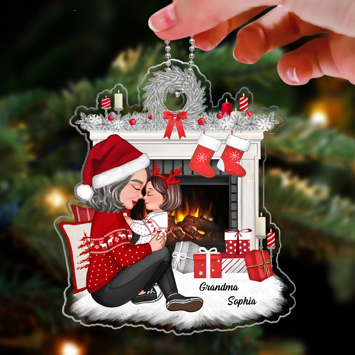 Grandma Mom Holding Kid Sitting Next To Christmas Fireplace Personalized Acrylic Ornament