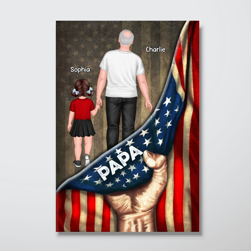 Dad Papa Grandpa Kids Walking Hand Pulling American Flag Personalized Poster, Meaningful Father's Day Gift for Dad, Gift for Husband