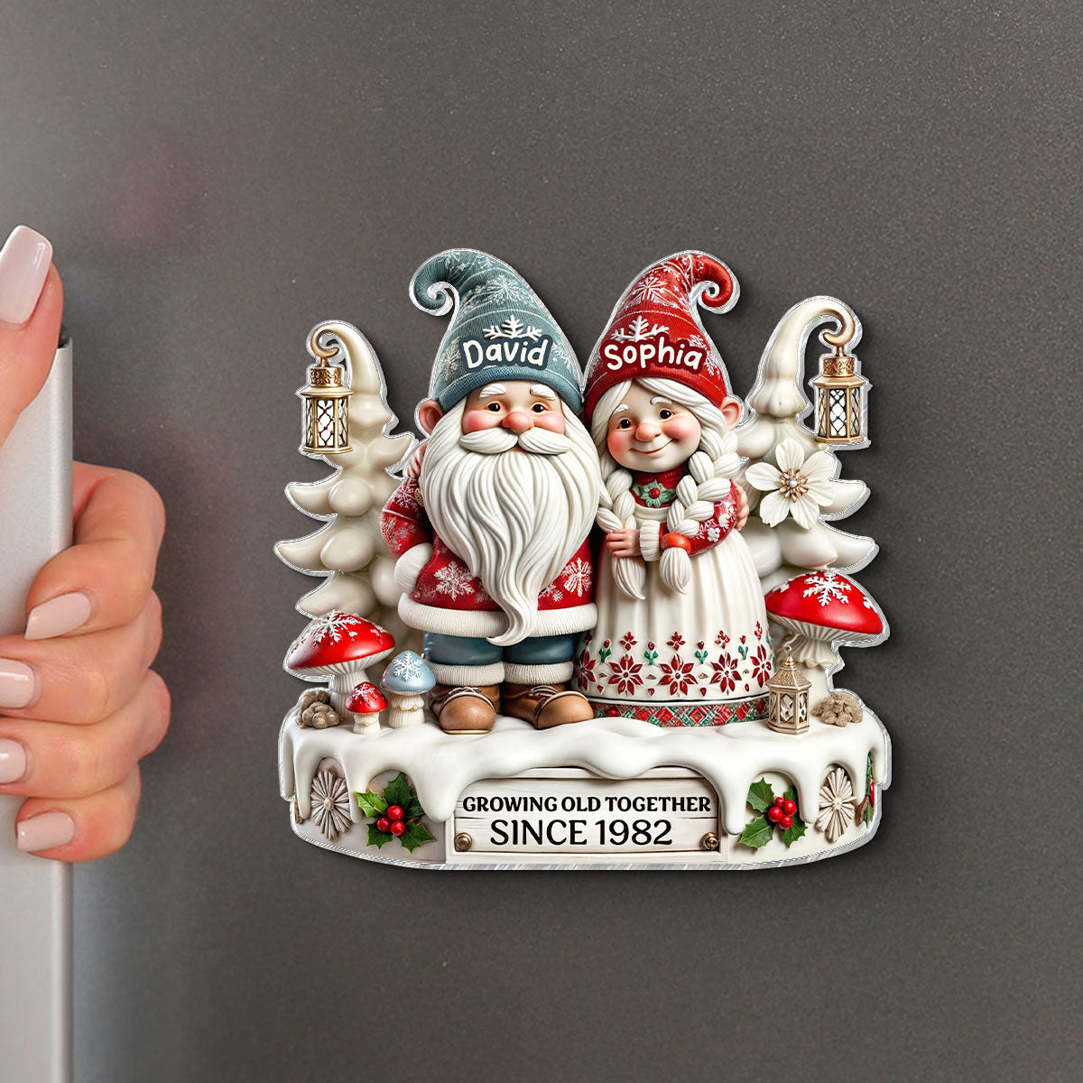3D Effect Gnome Couple Together Personalized Acrylic Fridge Magnet, 2025 Heartfelt  Gift, Anniversary Gift For Couple, For Him, For Her, Husband, Wife