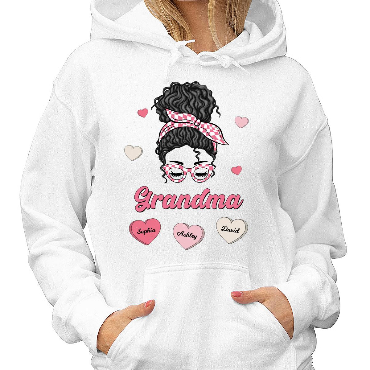 Mom Grandma Pink & White Messy Bun Personalized Shirt