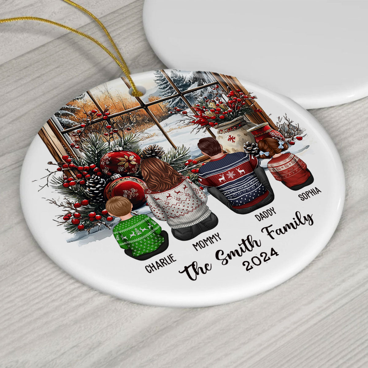 Family Sitting By The Window Personalized Ceramic Ornament, Christmas Gift for Siblings