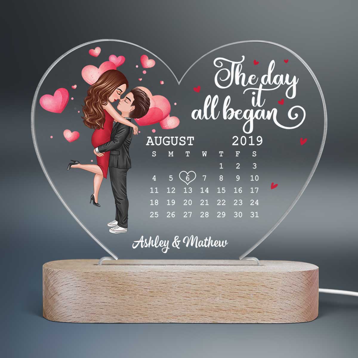 Watercolor Hearts Doll Couple Hugging Kissing Calendar Anniversary Date Personalized Acrylic Heart Plaque LED Night Light