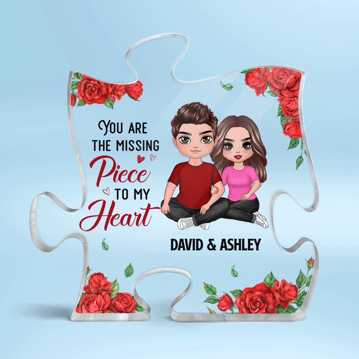 Rose Pattern Embracing Doll Couple Sitting You Are My Missing Piece Gift For Him For Her Personalized Puzzle Acrylic Plaque