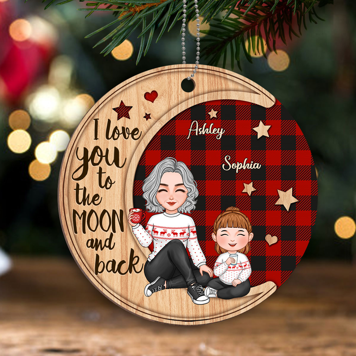 Checkered Pattern Cute Grandma Sitting With Grandkids On Moon Christmas Personalized Wooden Ornament