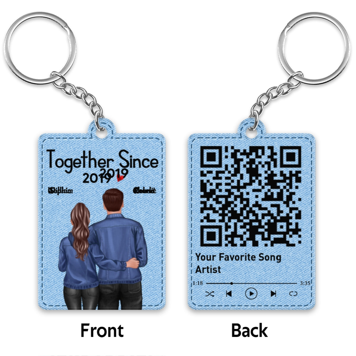 Denim Back View Couple Standing Hugging Favorite Song Scannable QR Code Personalized Acrylic Keychain