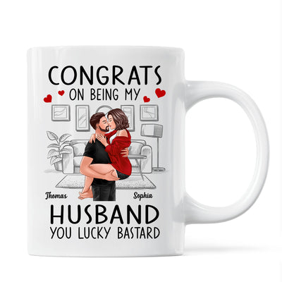 Congrats On Being My Boyfriend Husband Man Holding Woman Kissing Personalized Mug