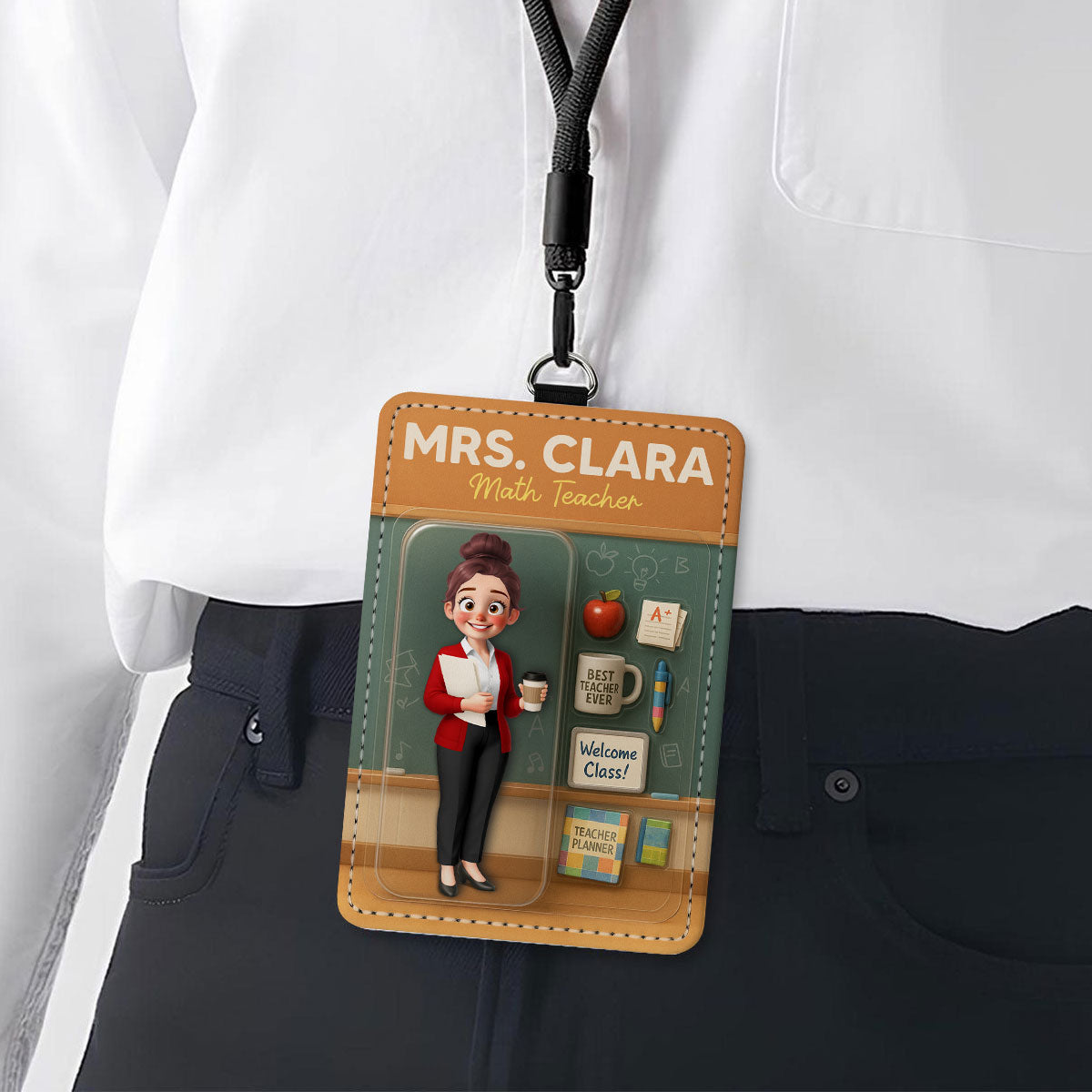 3D Effect Teacher Figure Style Personalized ID Badge Holder, Back To School Gift For Teacher Colleagues