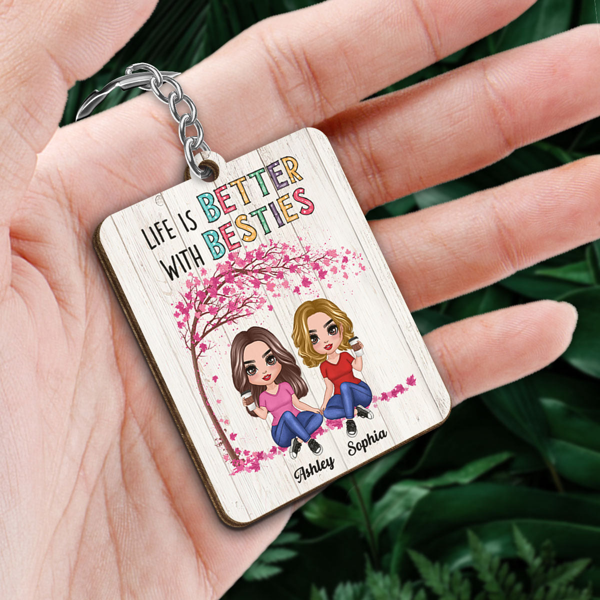 Colorful Pattern Life Is Better With Besties Sisters Personalized Wooden Keychain