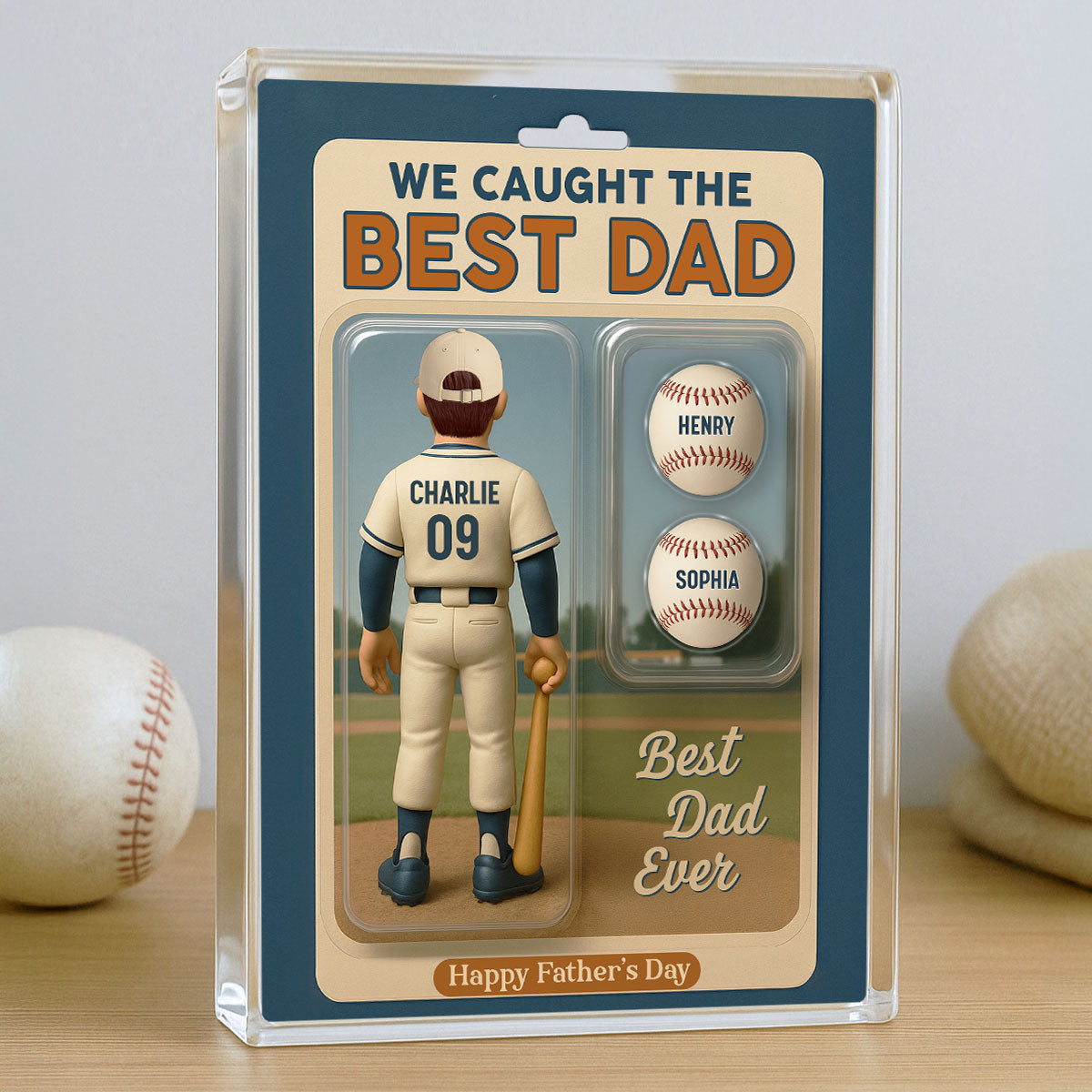 We Caught The Best Dad Grandpa Cartoon Baseball Lover Toy Box Figure Style Personalized Acrylic Block Plaque