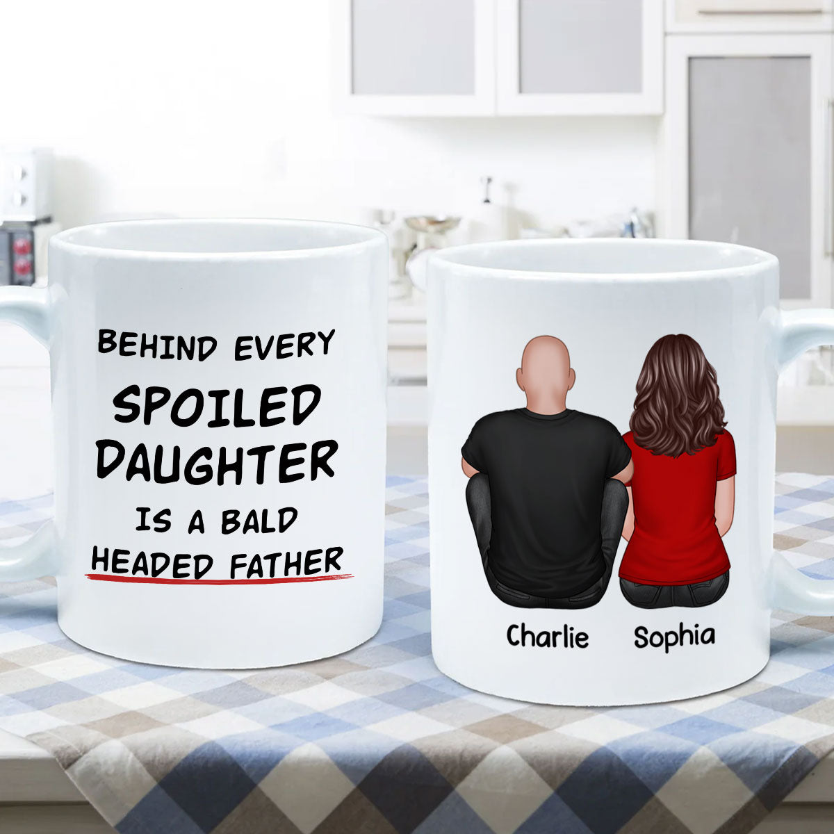 Behind Spoiled Daughter Is Bald Headed Father Back View Funny Father‘s Day Gift For Dad Personalized Mug