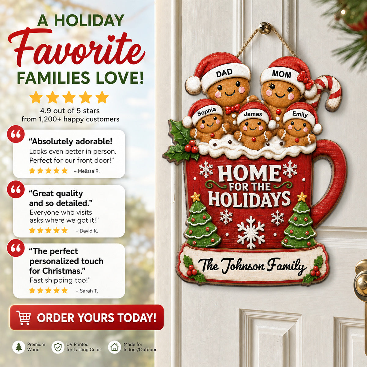 Gingerbread Family In Hot Cocoa 2D Flat - Personalized Wood Sign - Christmas Decor For Family