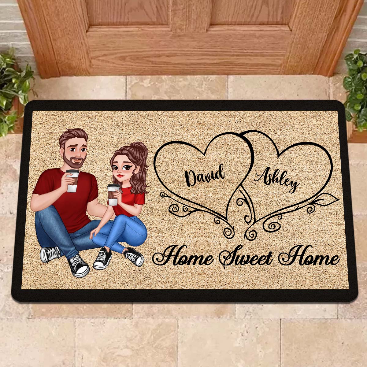 Home Sweet Home Cartoon Couple Sitting Personalized Doormat