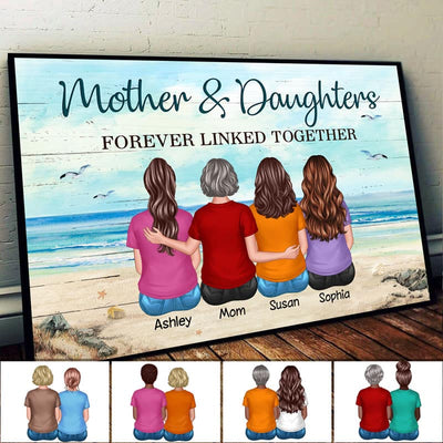 Back View Mother Daughters Sitting Beach Landscape Personalized Horizontal Poster