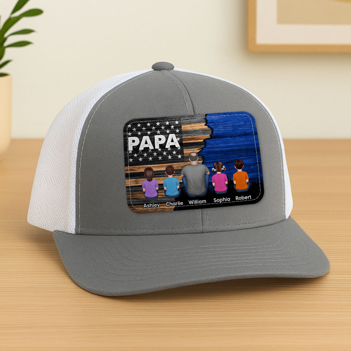 Dad Grandpa Papa Back View Sitting With Kids Half Nation Flag Personalized Leather Patch Hat