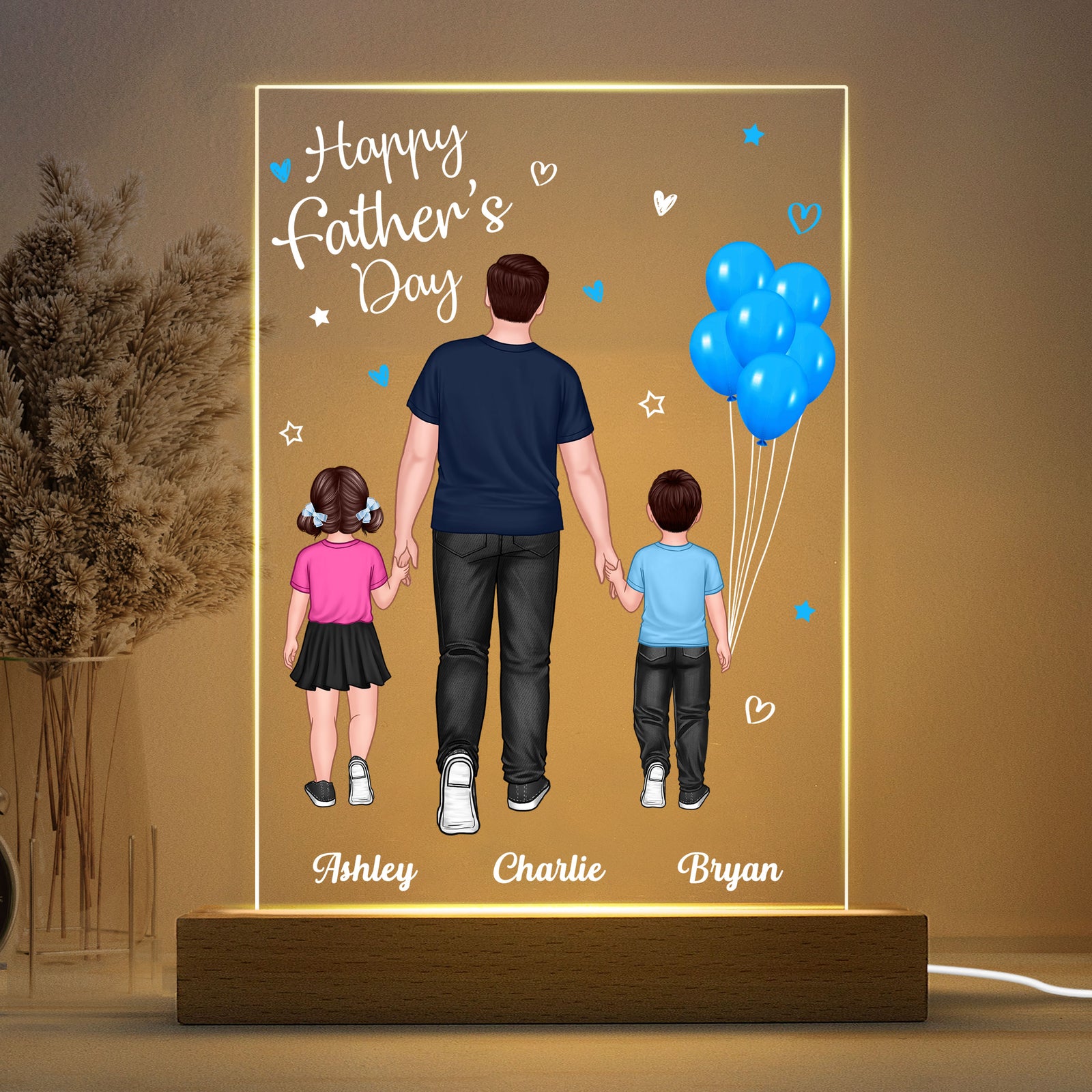 Dad And Kids Walking Blue Balloon Personalized Rectangle Acrylic LED Night Light