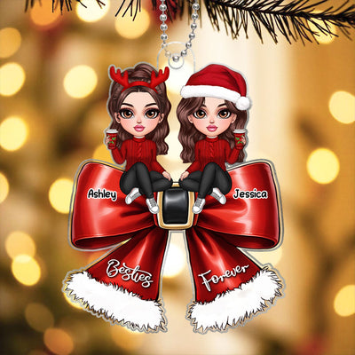 Christmas Red Coquette Bow Best Friends Personalized Acrylic Ornament, Christmas Gift For Besties