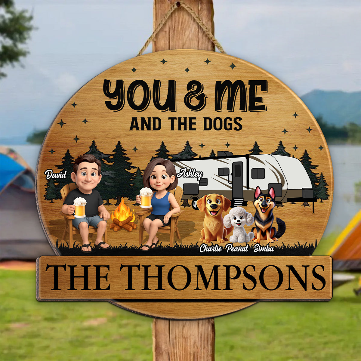 Camping Couples and the Dogs Cats Personalized Wood Sign, Anniversary, Vacation, Funny Gift For Campers