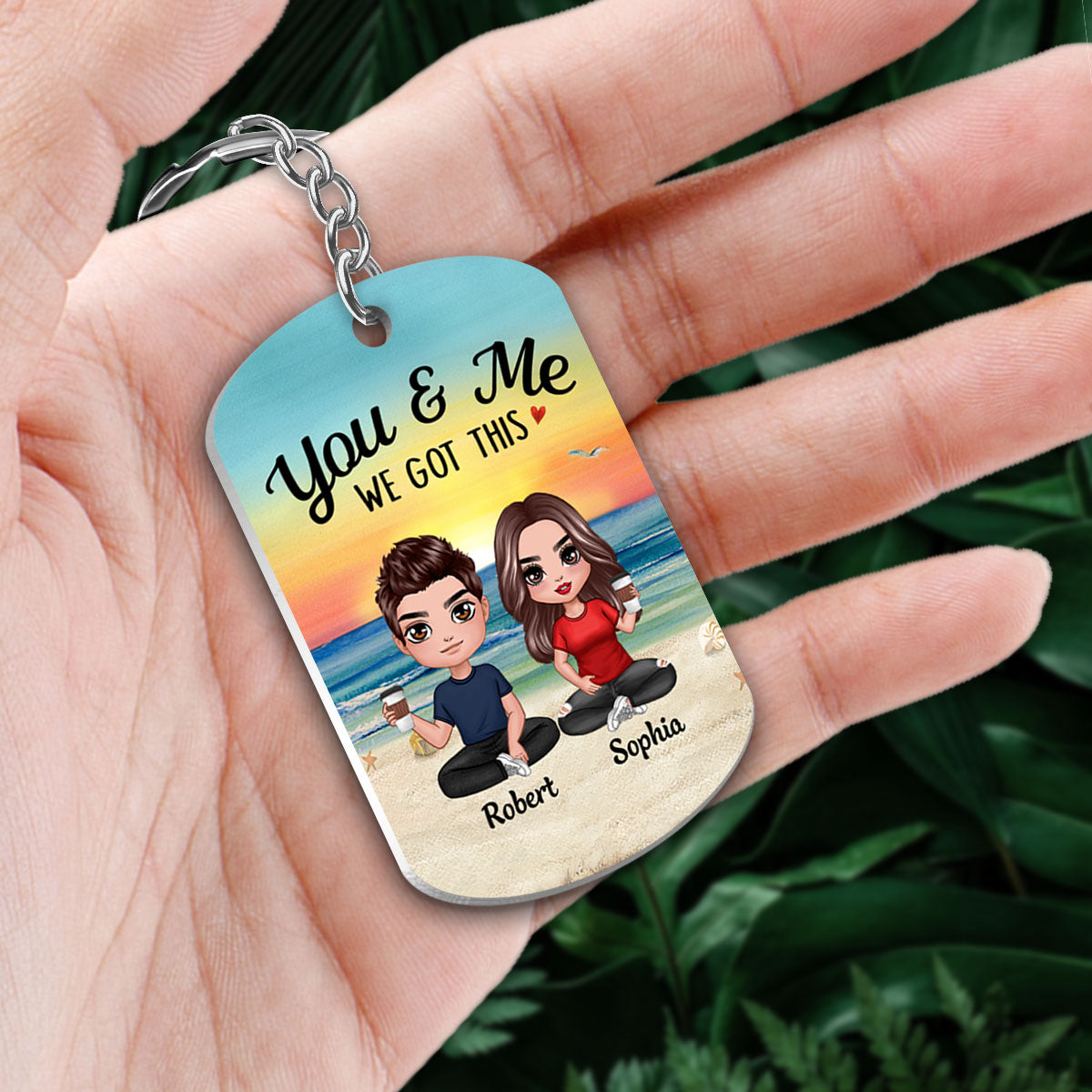 Doll Couple Sitting Together Since Favorite Song Scannable QR Code Personalized Metal Keychain