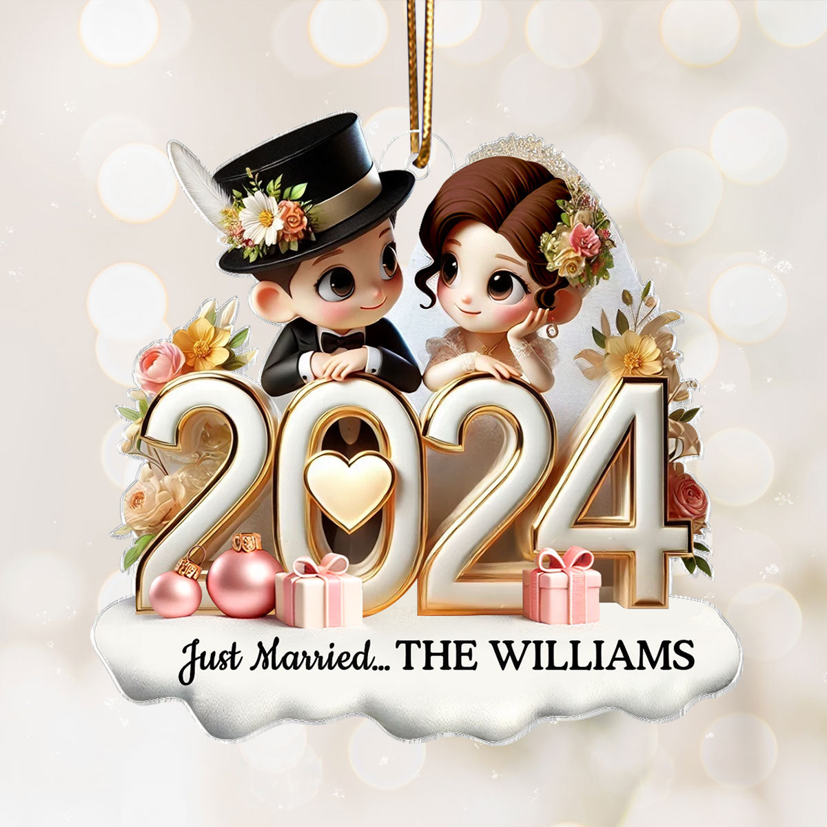 2024 Just Married Pretty Couple Personalized Acrylic Ornament, Unique Christmas Gift For Her For Him For Newlywed Couple